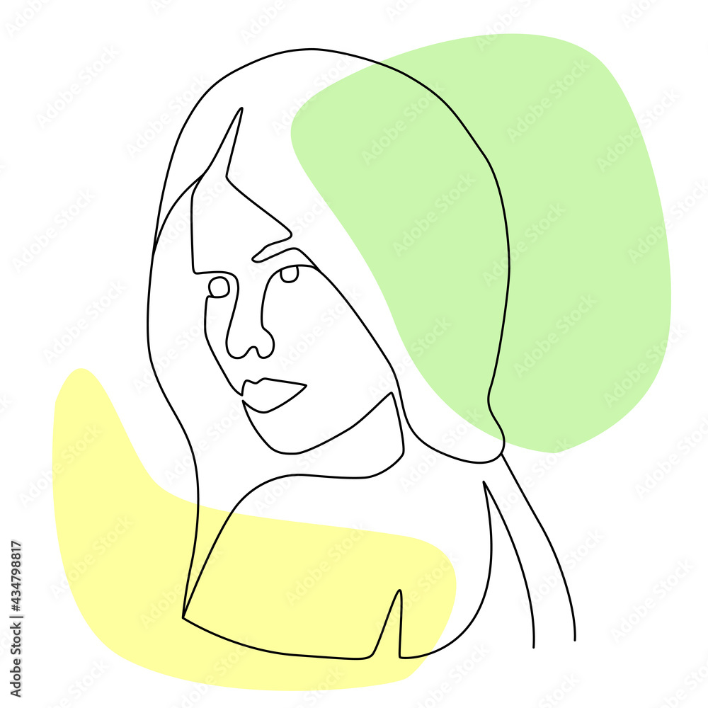 Contour drawing of a girl with abstract background. Line art illustration of woman's face. Vector concept of woman's line art portret for cosmetic, fashion, logo, web, packaging.