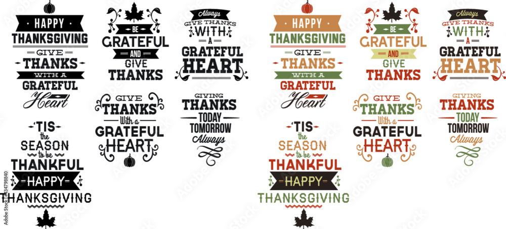 set of thanksgiving typography labels and stamp
