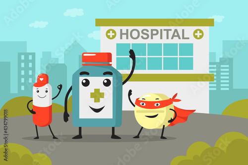 Medicine bottle and pill cartoon characters in front of hospital. Cute tablet in superhero costume waving, capsule with cap flat vector illustration. Health, healthcare, medicine, pharmacy concept