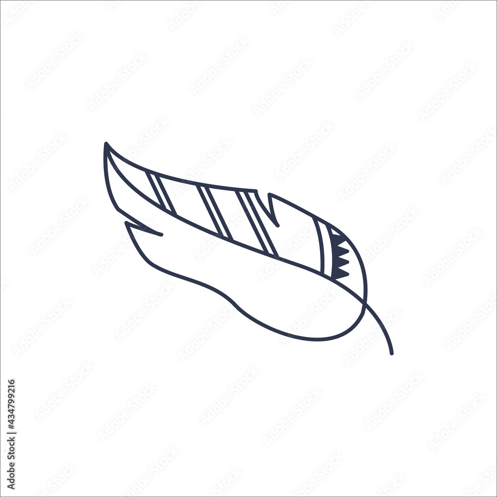 Decorative beautiful feather isolated on a white background. Boho style. Element of Indian tribes. Vector illustration