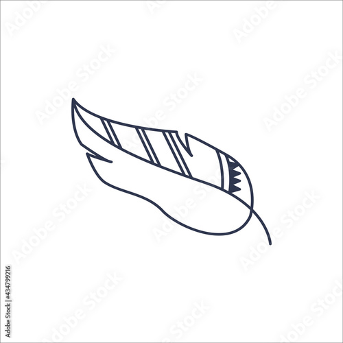 Decorative beautiful feather isolated on a white background. Boho style. Element of Indian tribes. Vector illustration