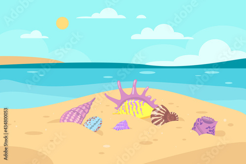 Different colorful seashells on seashore vector illustration. Seashells of various shapes in sand, sea or ocean, sunny weather, blue sky, clouds. Holiday, vacation, summer, traveling concept
