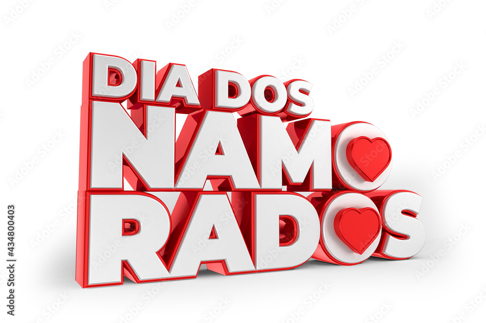 Label for valentines day in brazil. White and red letters with hearts, isolated on white background. The phrase Dia dos Namorados means Valentines Day. 3d illustration - obrazy, fototapety, plakaty 