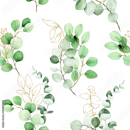 seamless watercolor pattern with green eucalyptus leaves and gold elements on a white background. vintage print with tropical leaves. classic, delicate design