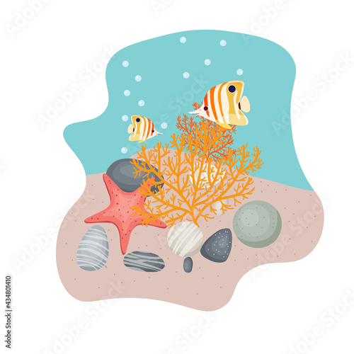 A sketch of a section of the sea floor, sand and stones, a beautiful starfish, bright fish and corals. Vector illustration