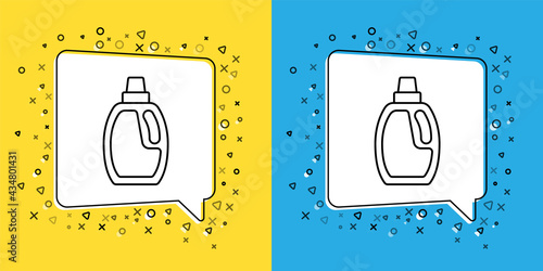 Set line Plastic bottle for laundry detergent, bleach, dishwashing liquid or another cleaning agent icon isolated on yellow and blue background. Vector