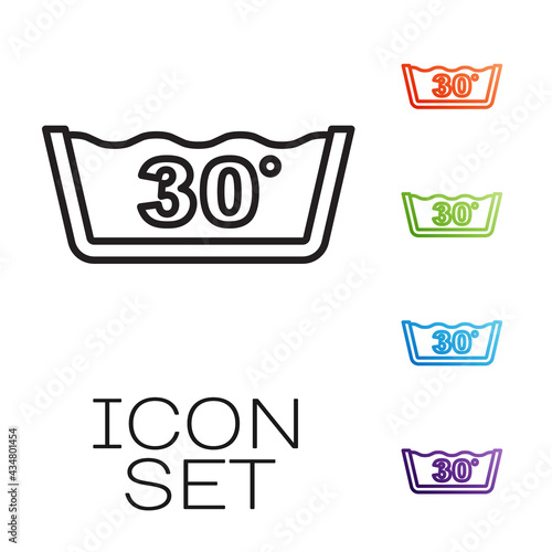 Black line Washing under 30 degrees celsius icon isolated on white background. Temperature wash. Set icons colorful. Vector