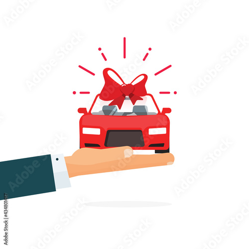 New car gift win or hand giving automobile with bow ribbon vector flat cartoon illustration, auto dealership and rental present concept