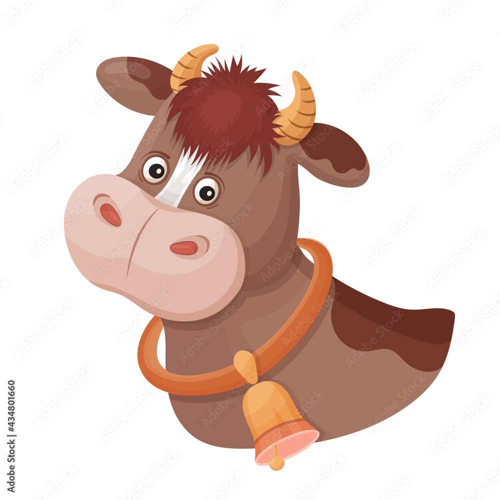 Fototapeta premium Funny spotted cow with bell on neck. Animal head. Cute calf bull face portrait with horns. Farm milk. Charming cartoon character for packaging dairy eco product. Farming, agriculture. Isolated vector