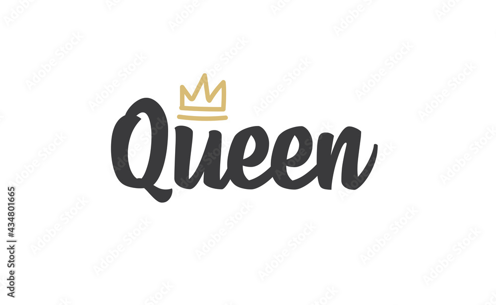 Queen word lettering with gold doodle crown. Vector illustration, calligraphic style text. Queen word lettering with gold doodle crown. Vector illustration, calligraphic style text.