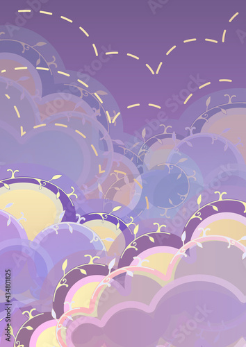 Cartoon sky at sunset. Fabulous background of clouds. Postcard For birthday, housewarming, party, toy stores, book covers, stories. EPS10
