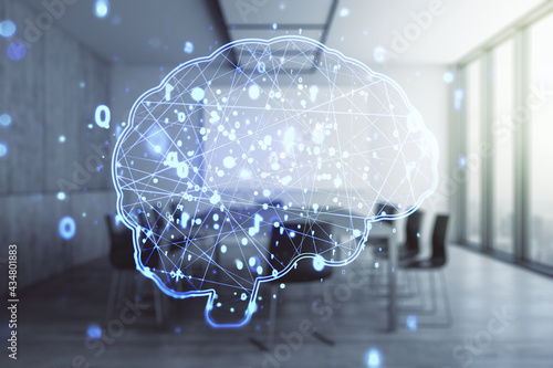 Virtual creative artificial Intelligence hologram with human brain sketch on a modern coworking room background. Double exposure © Pixels Hunter