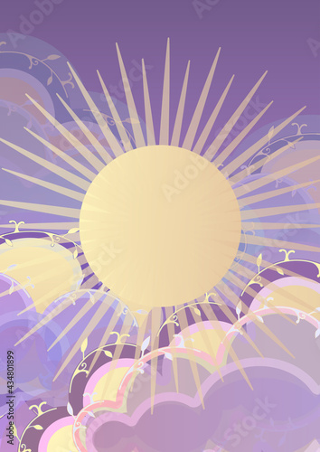 Cartoon sky at sunset. Fabulous background of clouds. Postcard For birthday, housewarming, party, toy stores, book covers, stories. EPS10
