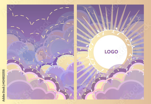 Cartoon sky at sunset. Fabulous background of clouds. Postcard For birthday, housewarming, party, toy stores, book covers, stories. EPS10