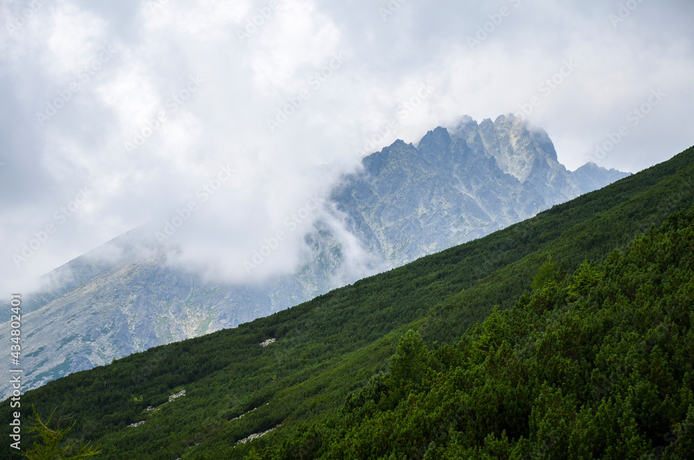 Mountain landscape with rocky mountain peaks and cloudy sky in High Tatras, Slovakia Tourism and travel concept.