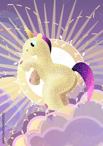 Cartoon sky at sunset. Fabulous background. A magic pony floats among the clouds on a boat. Postcard For birthday, housewarming, party, toy stores, book covers, stories. EPS10
