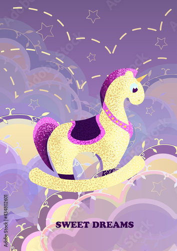Cartoon sky at sunset. Fabulous background. A magic pony floats among the clouds on a boat. Postcard For birthday, housewarming, party, toy stores, book covers, stories. EPS10