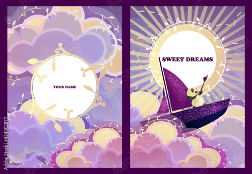 Cartoon sky at sunset. Fabulous background. A toy panda swims among the clouds on a boat. Postcard For birthday, housewarming, party, toy stores, book covers, stories. EPS10