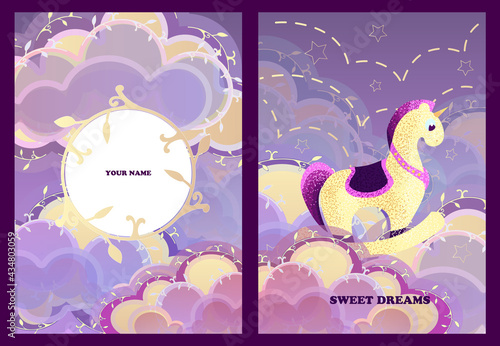 Cartoon sky at sunset. Fabulous background. A magic pony floats among the clouds on a boat. Postcard For birthday, housewarming, party, toy stores, book covers, stories. EPS10