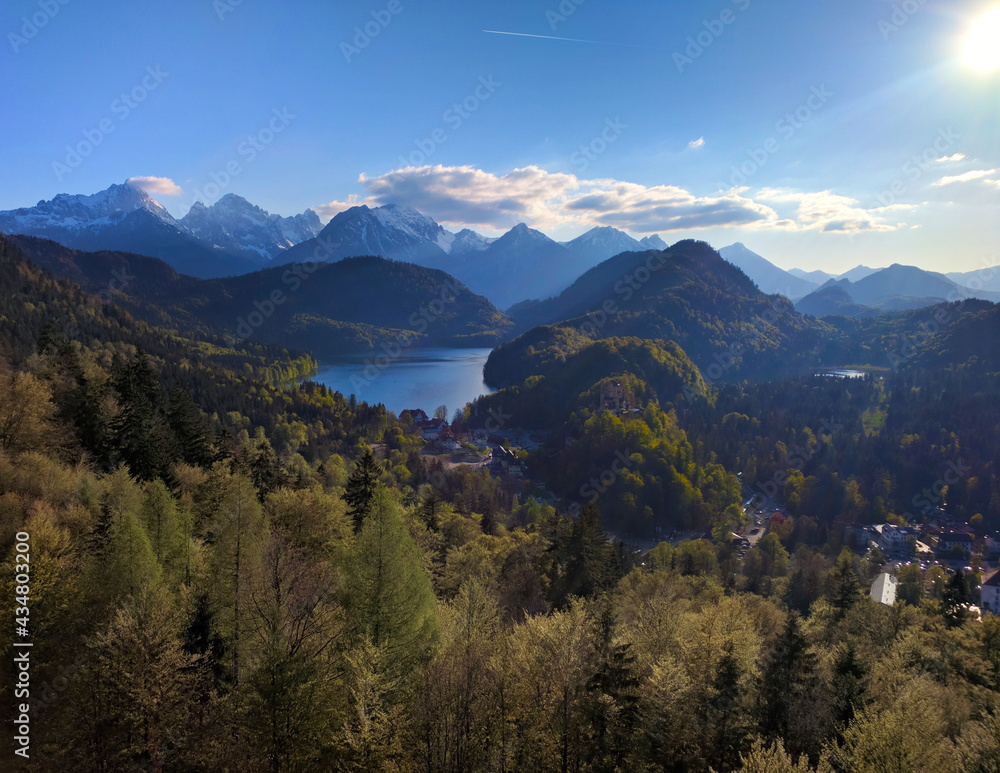 Aerial view of Mountains and forest in Schwangau, Germany