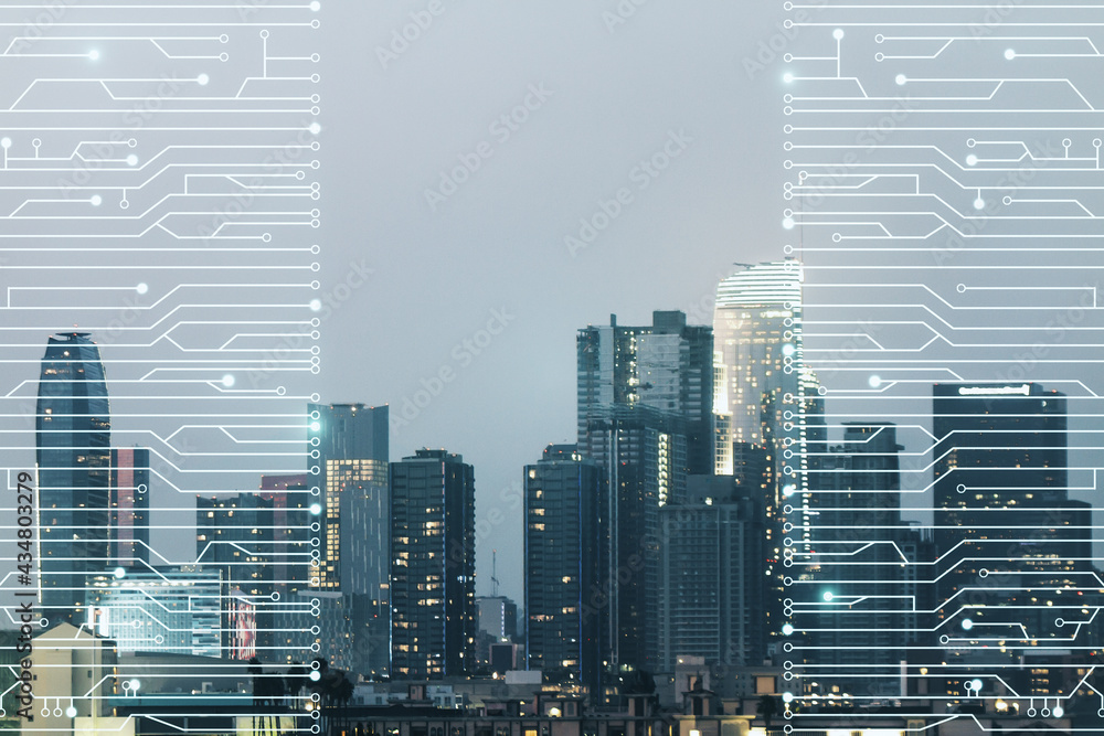 Obraz premium Abstract virtual micro chip hologram on Los Angeles cityscape background, artificial intelligence and machine learning concept. Multi exposure