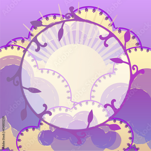 Cartoon sky at sunset. Fabulous background of clouds. Postcard For birthday, housewarming, party, toy stores, book covers, stories. EPS10