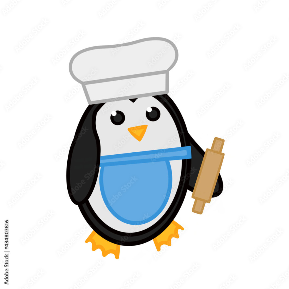 Obraz premium A cute penguin in a chefs cap with a vest and a rolling pin. Vector illustration. The image of a penguin isolated on a white background.