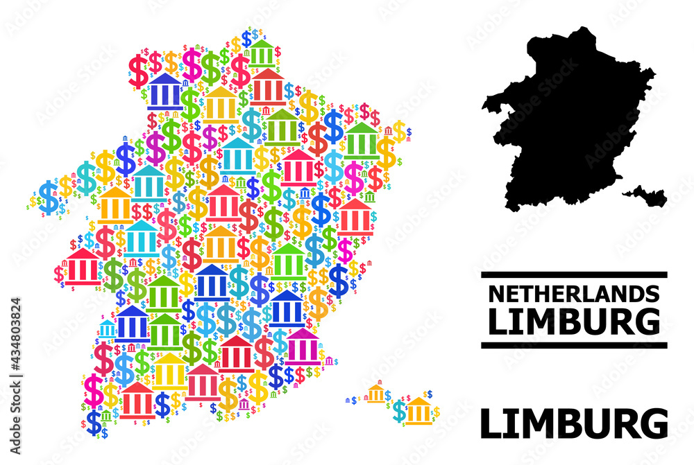 Fototapeta premium Colored bank and commerce mosaic and solid map of Limburg Province. Map of Limburg Province vector mosaic for business campaigns and applications.
