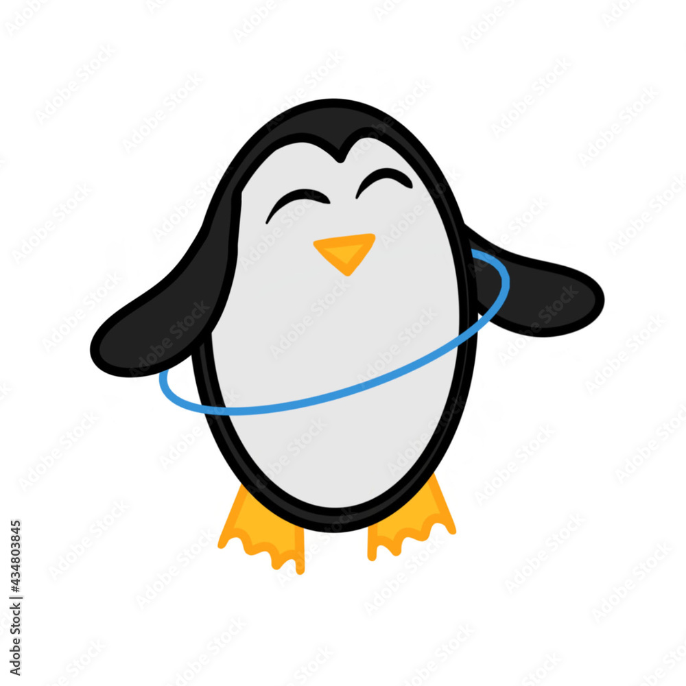 Fototapeta premium Adorable penguin twisting blue hula hoop. The image of a penguin isolated on a white background. Vector illustration.