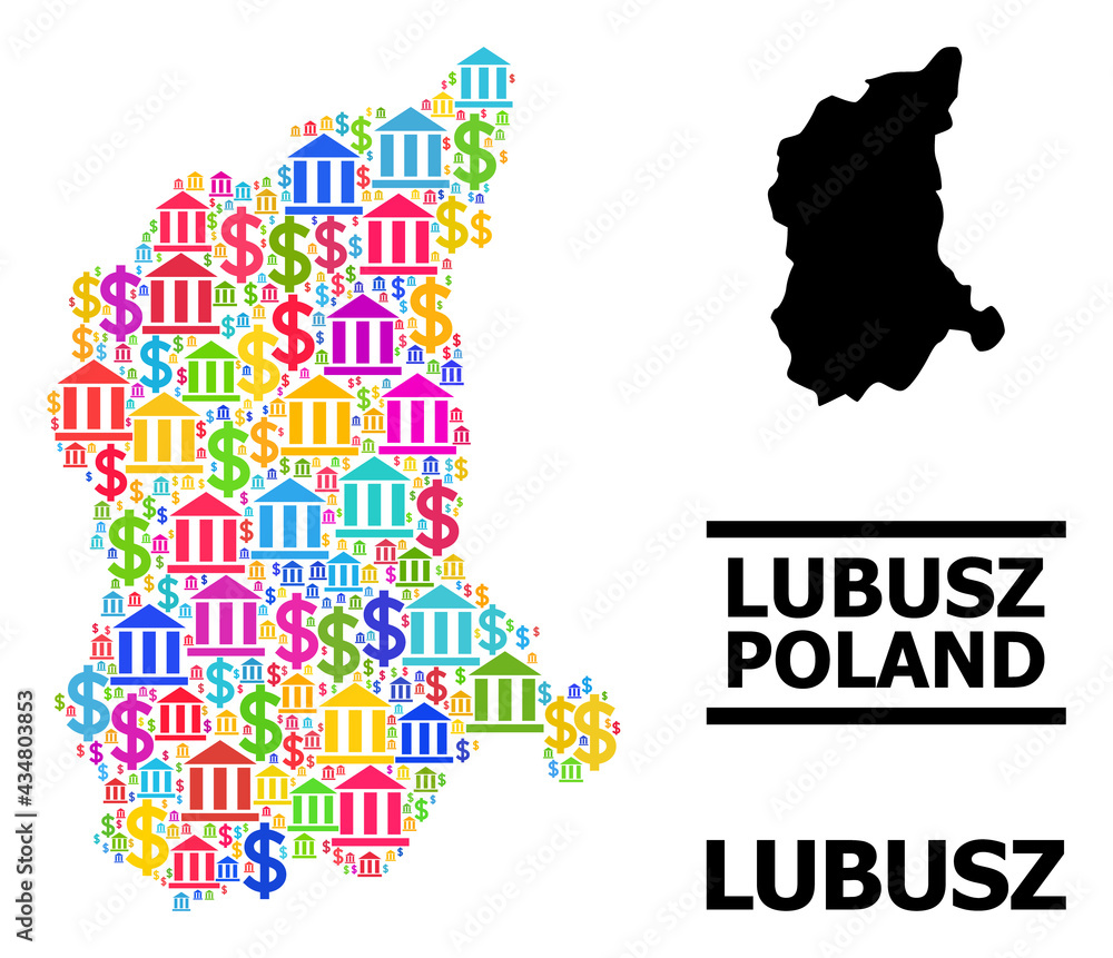 Obraz premium Bright colored financial and dollar mosaic and solid map of Lubusz Province. Map of Lubusz Province vector mosaic for advertisement campaigns and propaganda.