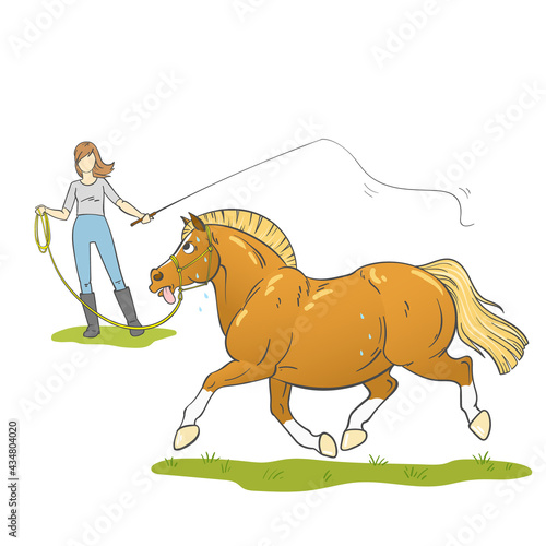 Illustration of a young woman lunging an overweight pony