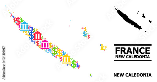 Bright colored bank and money mosaic and solid map of New Caledonia. Map of New Caledonia vector mosaic for advertisement campaigns and promotion.