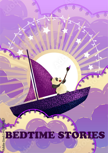 Cartoon sky at sunset. Fabulous background. A toy panda swims among the clouds on a boat. Postcard For birthday, housewarming, party, toy stores, book covers, stories. EPS10