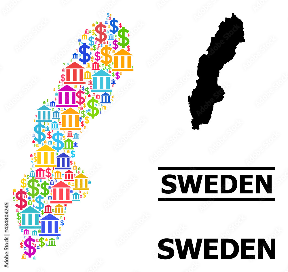 Vibrant bank and business mosaic and solid map of Sweden. Map of Sweden vector mosaic for promotion campaigns and agitation. Map of Sweden is created with vibrant bank and dollar ojects.