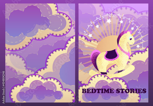 Cartoon sky at sunset. Fabulous background. A magic pony floats among the clouds on a boat. Postcard For birthday, housewarming, party, toy stores, book covers, stories. EPS10