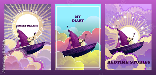 Cartoon sky at sunset. Fabulous background. A toy panda swims among the clouds on a boat. Postcard For birthday, housewarming, party, toy stores, book covers, stories. EPS10