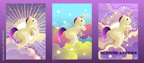 Cartoon sky at sunset. Fabulous background. A magic pony floats among the clouds on a boat. Postcard For birthday, housewarming, party, toy stores, book covers, stories. EPS10