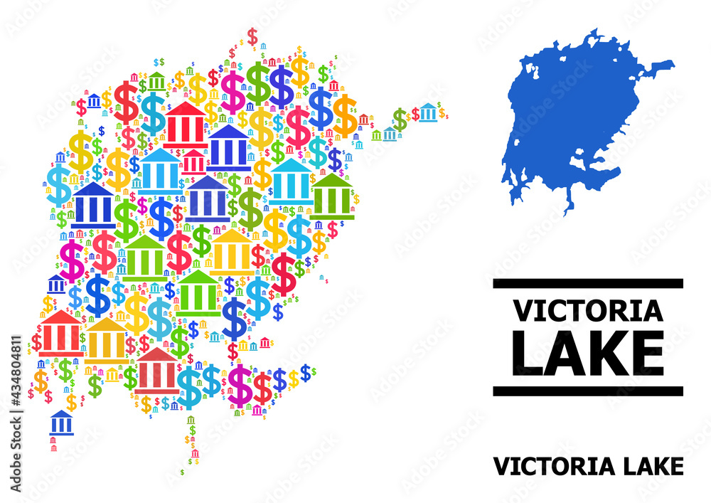 Vibrant bank and business mosaic and solid map of Victoria Lake. Map of Victoria Lake vector mosaic for business campaigns and promotion. Vibrant bank and business mosaic and solid map of Victoria Lake. Map of Victoria Lake vector mosaic for business campaigns and promotion.
