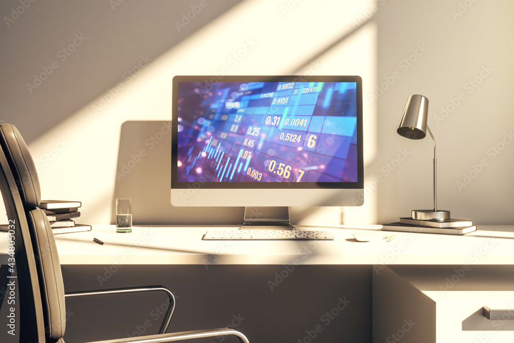 Abstract creative financial graph on modern laptop monitor, forex and investment concept. 3D Rendering Abstract creative financial graph on modern laptop monitor, forex and investment concept. 3D Rendering