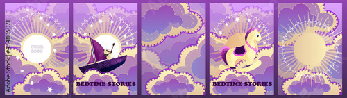 Cartoon sky at sunset. Fabulous background. A magic pony and a panda swim among the clouds on a boat. Postcard For birthday, housewarming, party, toy stores, book covers, stories. EPS10