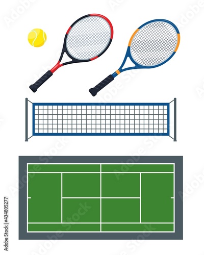Tennis Ball, net, rackets and green court