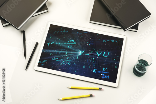 Creative scientific formula concept on modern digital tablet screen. Top view. 3D Rendering