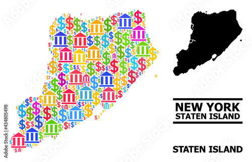 Bright colored financial and dollar mosaic and solid map of Staten Island. Map of Staten Island vector mosaic for advertisement campaigns and doctrines.