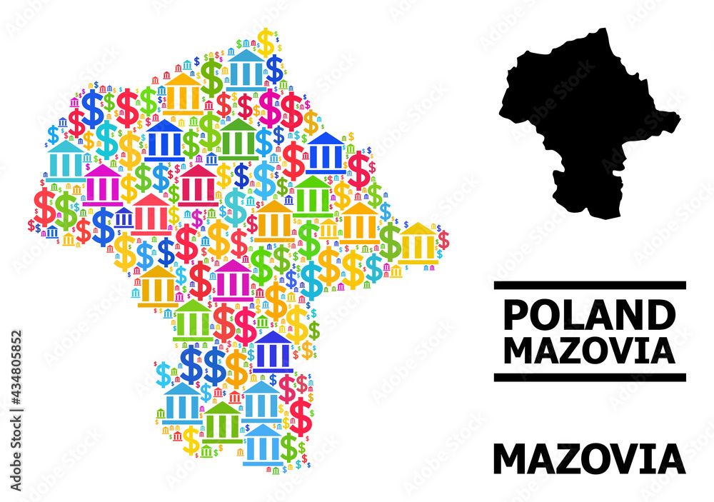 Fototapeta premium Bright colored finance and business mosaic and solid map of Mazovia Province. Map of Mazovia Province vector mosaic for ads campaigns and applications.