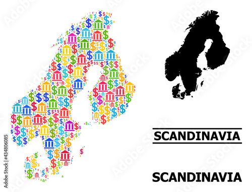 Vibrant bank and economics mosaic and solid map of Scandinavia. Map of Scandinavia vector mosaic for ads campaigns and promotion. Map of Scandinavia is created from vibrant dollar and bank particles.