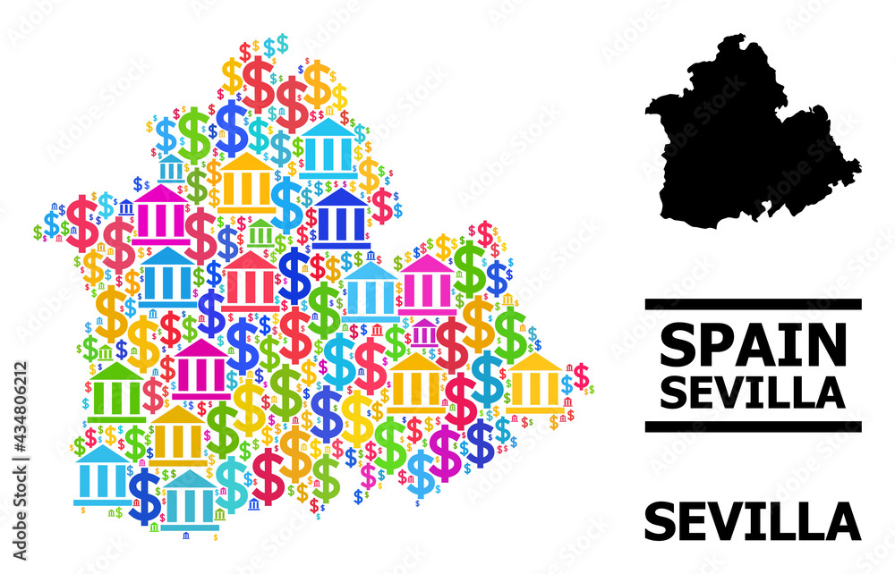 Bright colored banking and dollar mosaic and solid map of Sevilla Province. Map of Sevilla Province vector mosaic for geographic campaigns and projects.