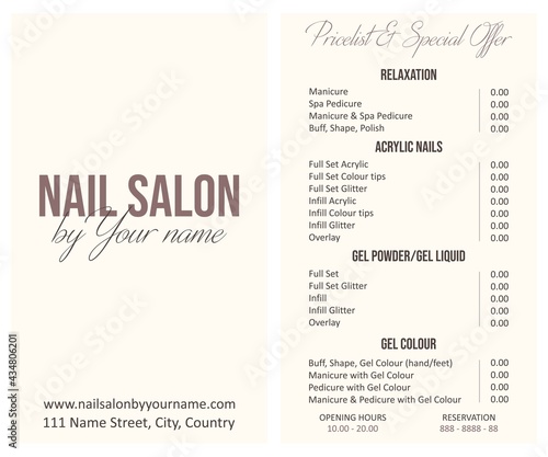 Illustration sticker business card for nail salon by your name with pricelist and special offer, web site and adress,phone number for reservation and open hours