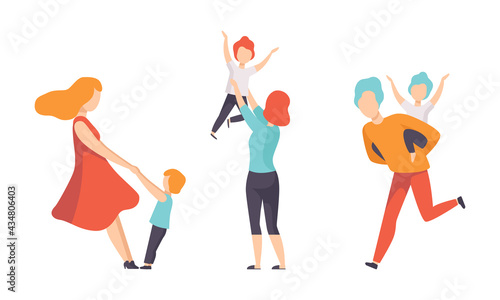 Parents and their Kids Having Good Time Together Set, Dad Running with Son Sitting on his Back, Mom Throwing her Daughter up and Catching Flat Vector Illustration