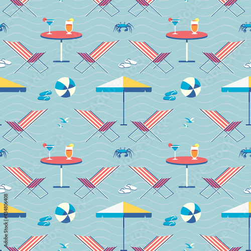 Seaside holiday leisure seamless vector pattern. Beach umbrella, armchair, cool drinks cartoon icon. Summer season sea vacation decorative wallpaper. Tropical tourist travel trip background template