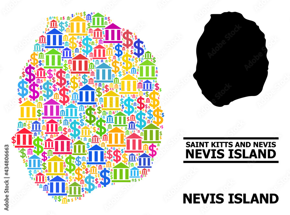Bright colored bank and dollar mosaic and solid map of Nevis Island. Map of Nevis Island vector mosaic for advertisement campaigns and projects.